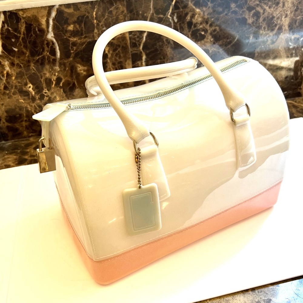 Large-Jelly Speedy Bag-White-Pink w/Silver Shimmer-Light Blue Zip & Stitches~EUC